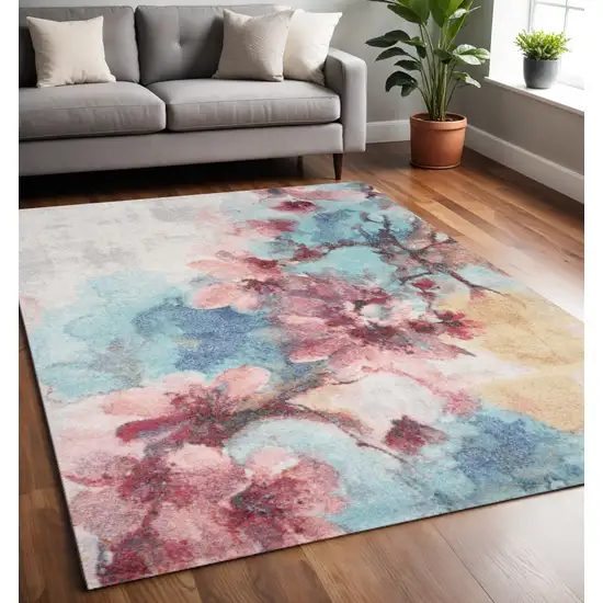 Cream Blue And Pink Floral Area Rug Photo 1