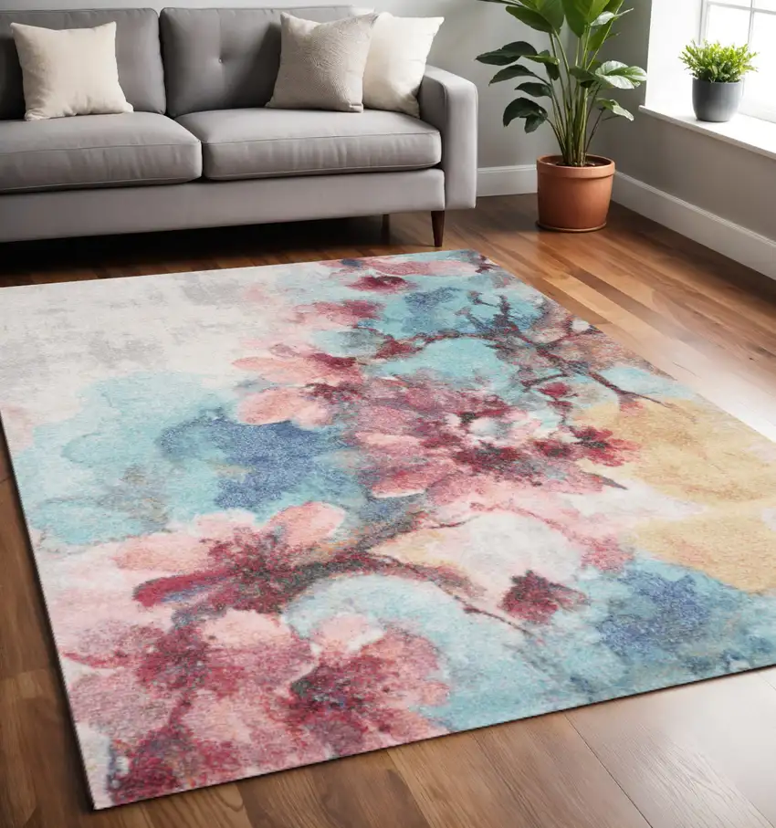 Cream Blue And Pink Floral Area Rug Photo 1