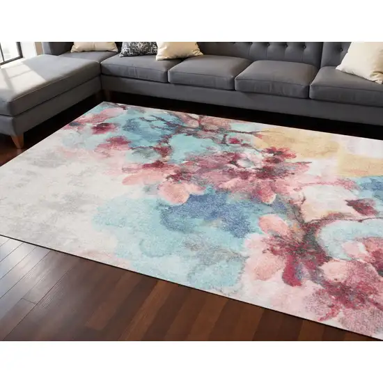 Cream Blue And Pink Floral Area Rug Photo 1