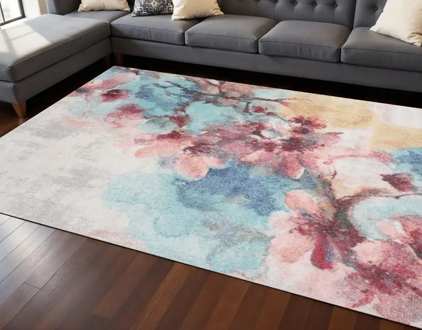 Cream Blue And Pink Floral Area Rug Photo 1