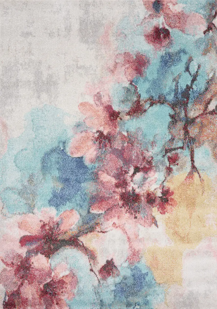 Cream Blue And Pink Floral Area Rug Photo 2