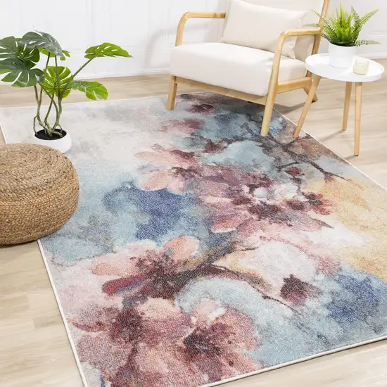 Cream Blue And Pink Floral Area Rug Photo 5