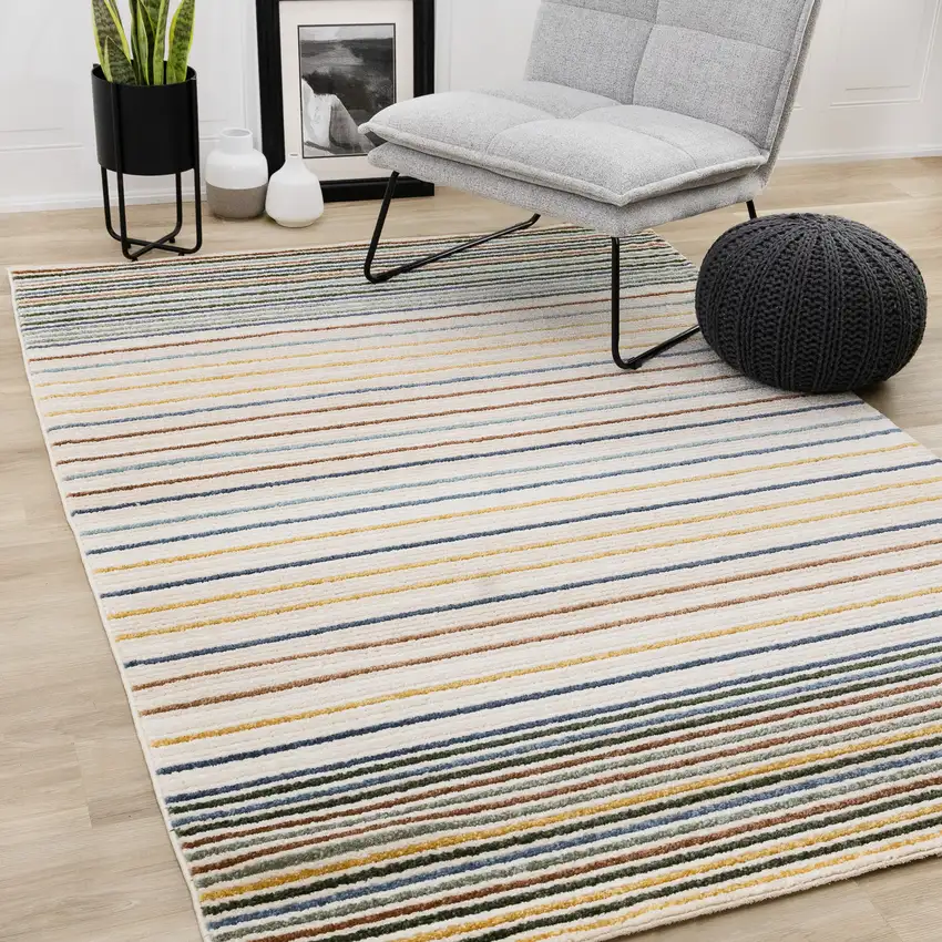 Cream Blue And Red Striped Area Rug Photo 4