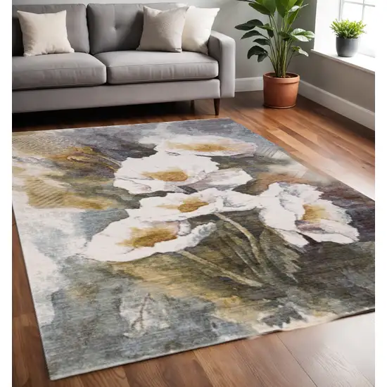 Cream Blue And Yellow Botanical Leaves Area Rug Photo 1