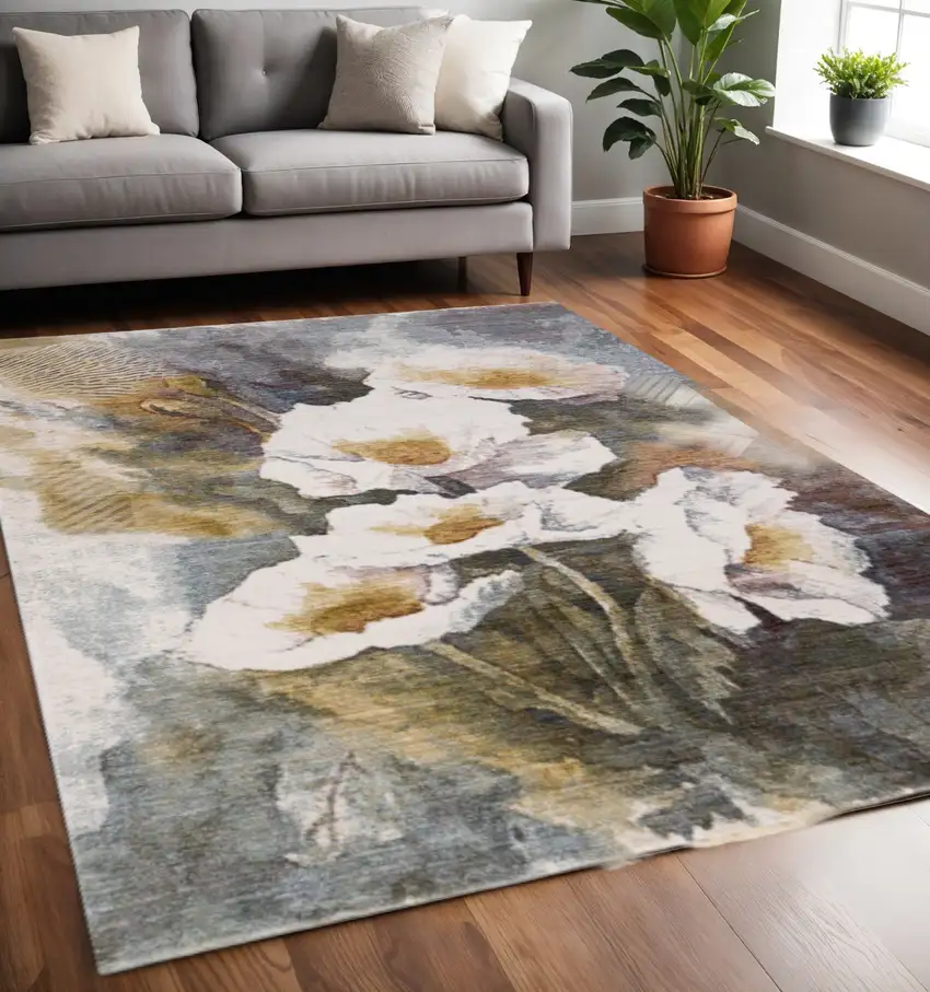 Cream Blue And Yellow Botanical Leaves Area Rug Photo 1