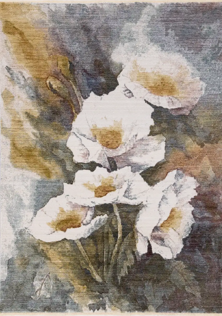 Cream Blue And Yellow Botanical Leaves Area Rug Photo 2