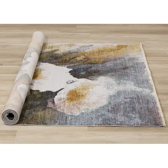 Cream Blue And Yellow Botanical Leaves Area Rug Photo 9