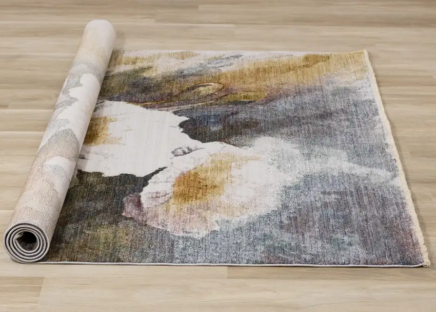 Cream Blue And Yellow Botanical Leaves Area Rug Photo 9