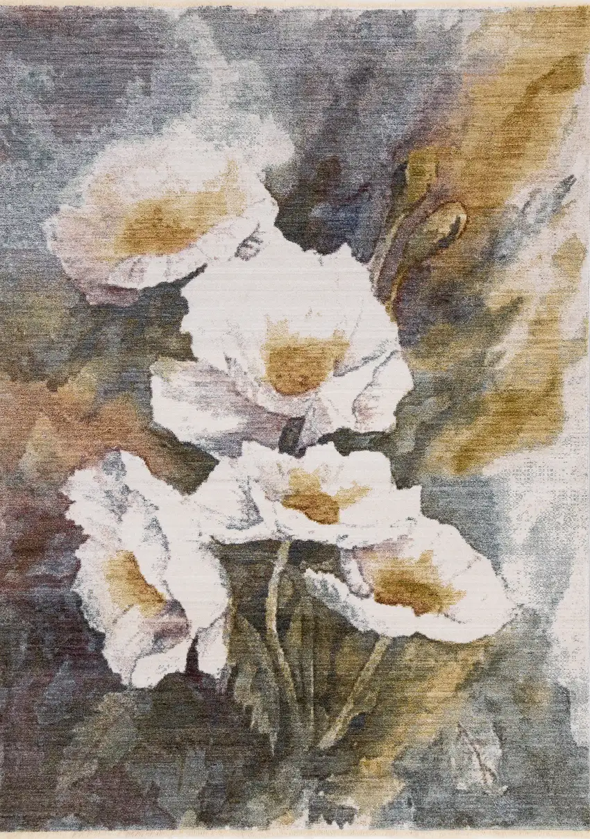 Cream Blue And Yellow Botanical Leaves Area Rug Photo 5