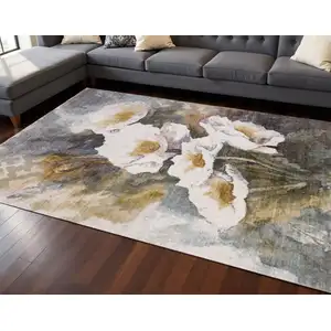 Photo of Cream Blue And Yellow Botanical Leaves Area Rug