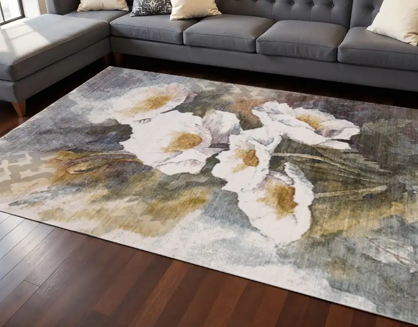 Cream Blue And Yellow Botanical Leaves Area Rug Photo 1
