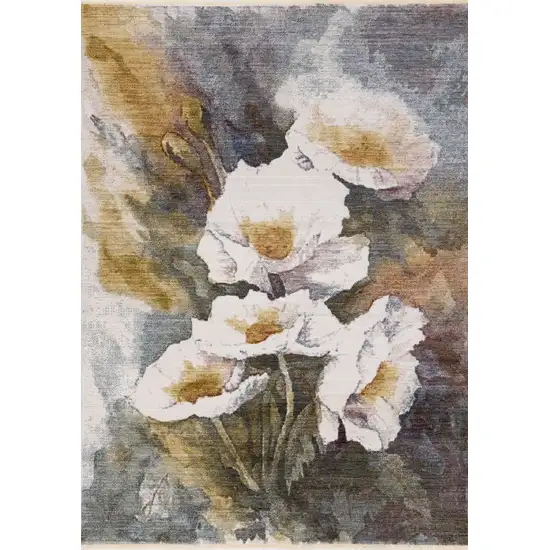 Cream Blue And Yellow Botanical Leaves Area Rug Photo 2