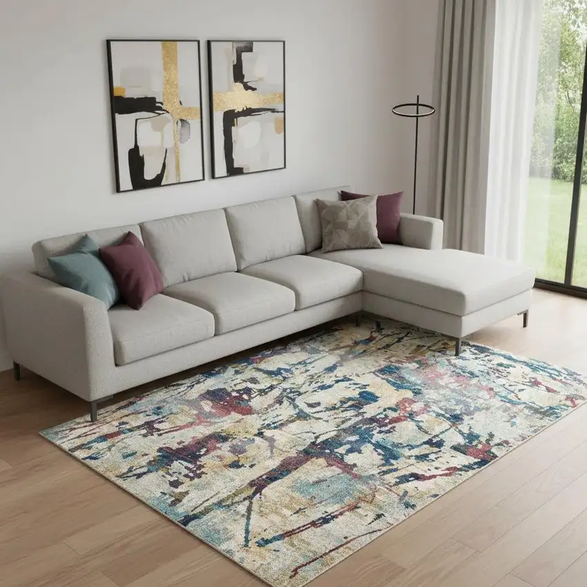 Cream Blue and Green Abstract Distressed Area Rug Photo 1