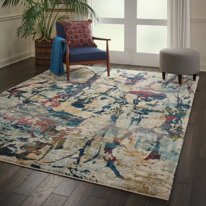 Cream Blue and Green Abstract Distressed Area Rug Photo 5