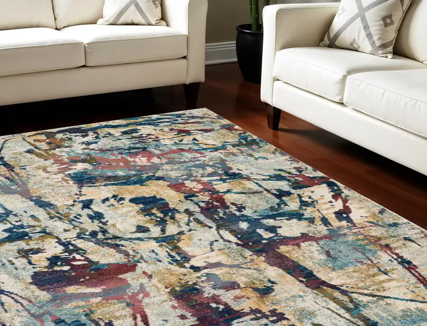 Cream Blue and Green Abstract Distressed Area Rug Photo 1