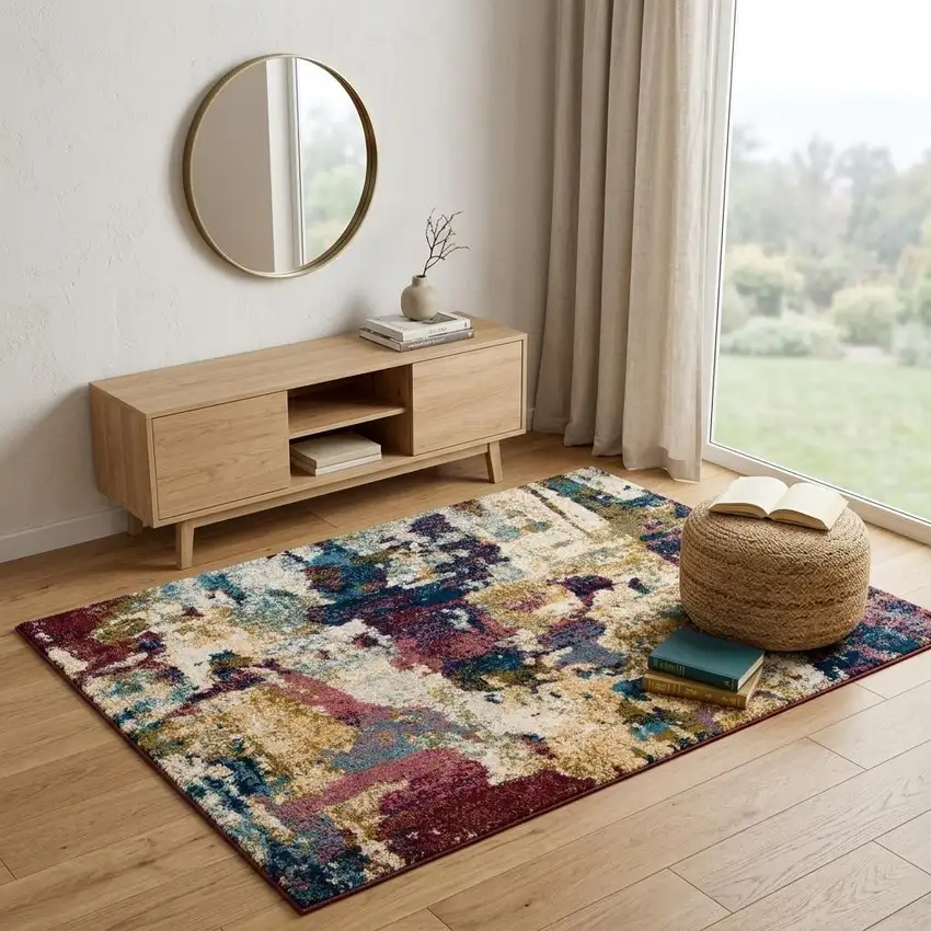 Cream Blue and Green Abstract Distressed Area Rug Photo 1