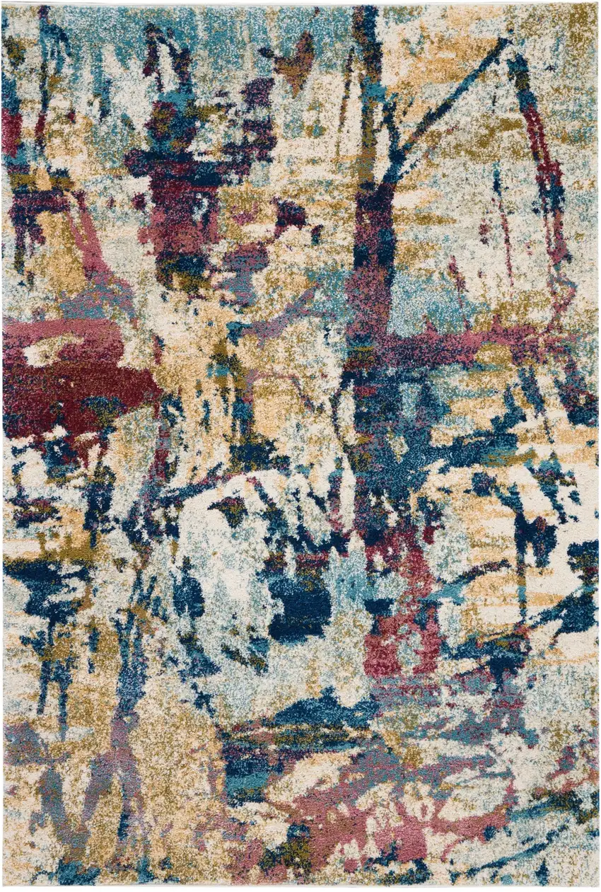 Cream Blue and Green Abstract Distressed Area Rug Photo 2