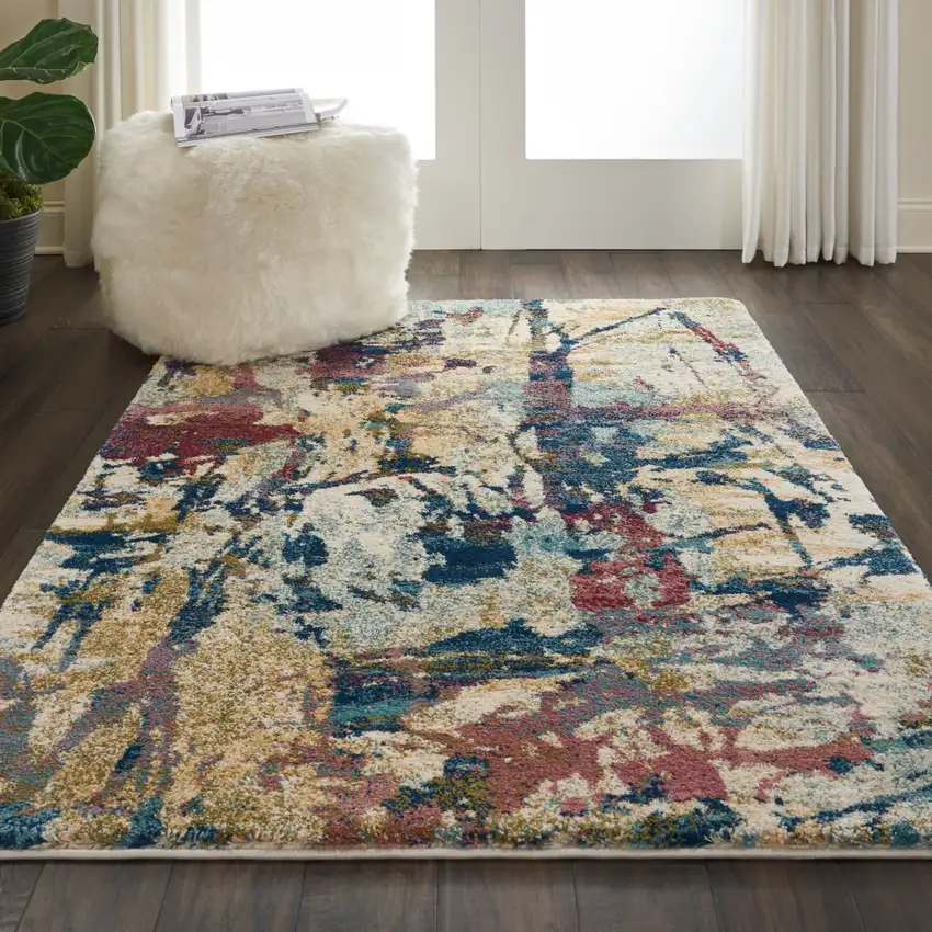 Cream Blue and Green Abstract Distressed Area Rug Photo 5