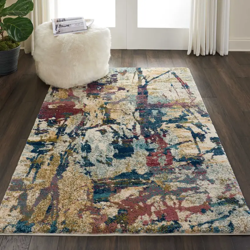 Cream Blue and Green Abstract Distressed Area Rug Photo 4
