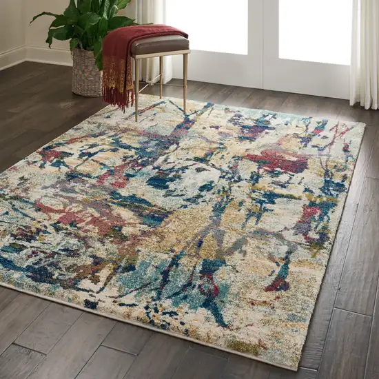 Cream Blue and Green Abstract Distressed Area Rug Photo 5