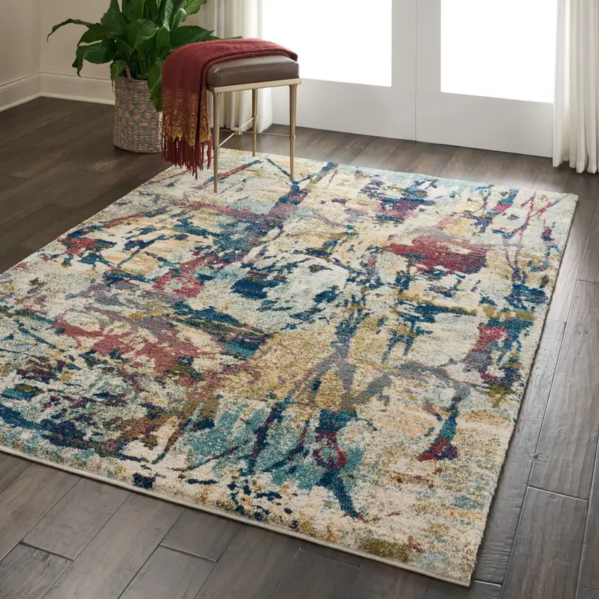 Cream Blue and Green Abstract Distressed Area Rug Photo 5