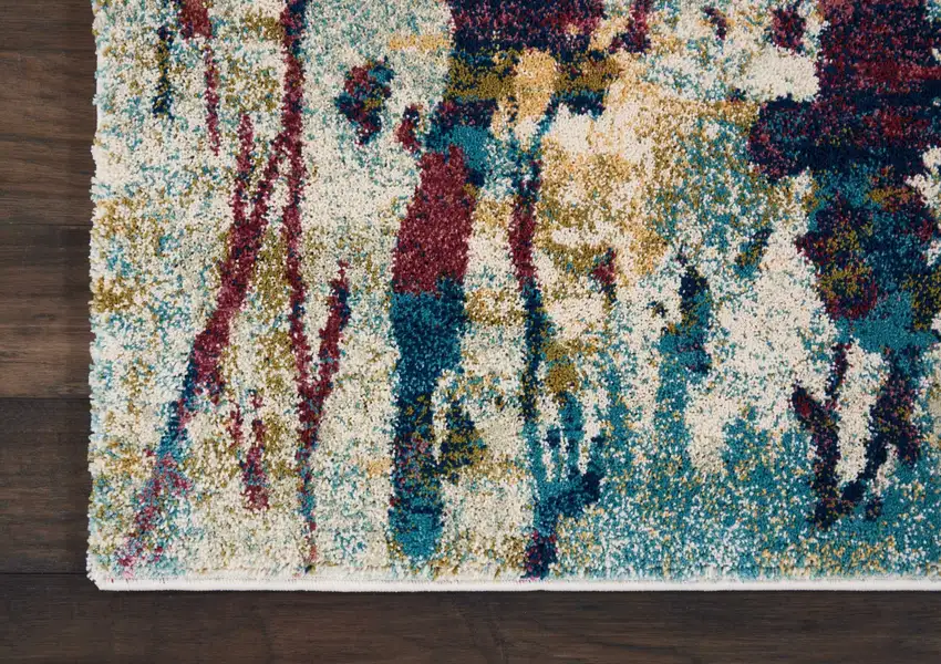 Cream Blue and Green Abstract Distressed Area Rug Photo 9