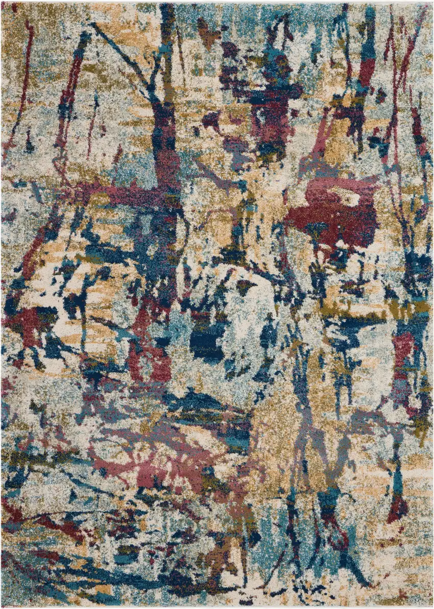 Cream Blue and Green Abstract Distressed Area Rug Photo 2