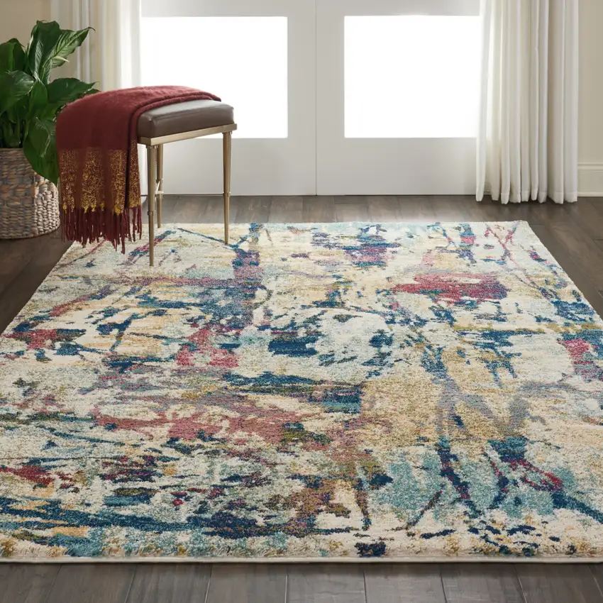 Cream Blue and Green Abstract Distressed Area Rug Photo 4