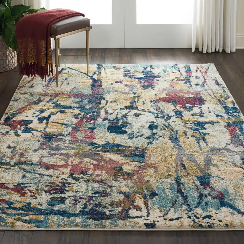 Cream Blue and Green Abstract Distressed Area Rug Photo 3