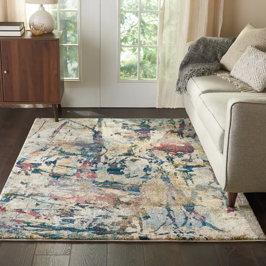 Cream Blue and Green Abstract Distressed Area Rug Photo 6
