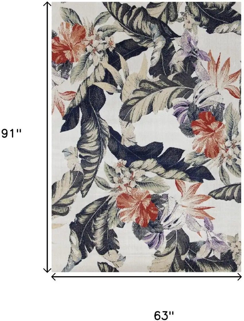 Cream Brick Red And Green Botanical Leaves Area Rug Photo 3