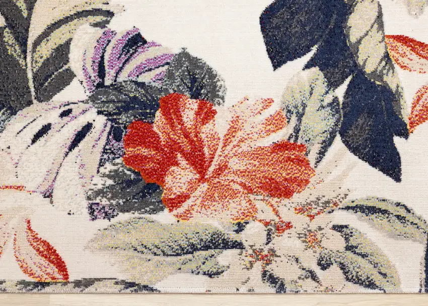 Cream Brick Red And Green Botanical Leaves Area Rug Photo 6