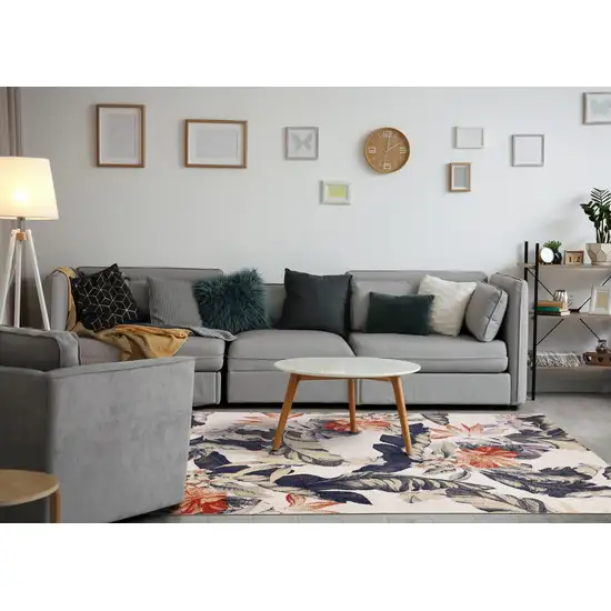 Cream Brick Red And Green Botanical Leaves Area Rug Photo 5