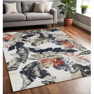 Photo of Cream Brick Red And Green Botanical Leaves Area Rug