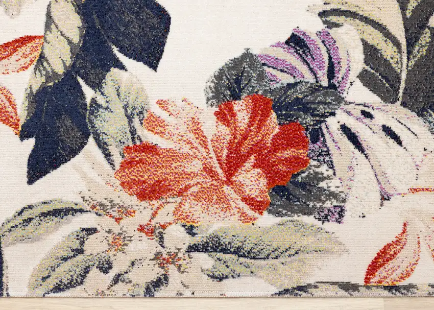 Cream Brick Red And Green Botanical Leaves Area Rug Photo 5