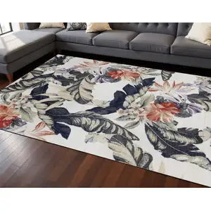 Photo of Cream Brick Red And Green Botanical Leaves Area Rug