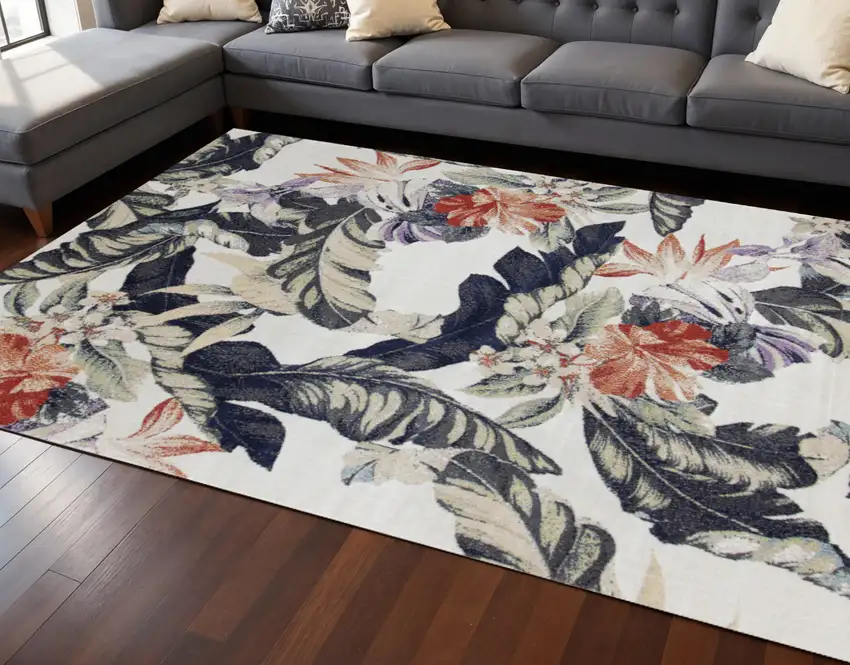 Cream Brick Red And Green Botanical Leaves Area Rug Photo 1