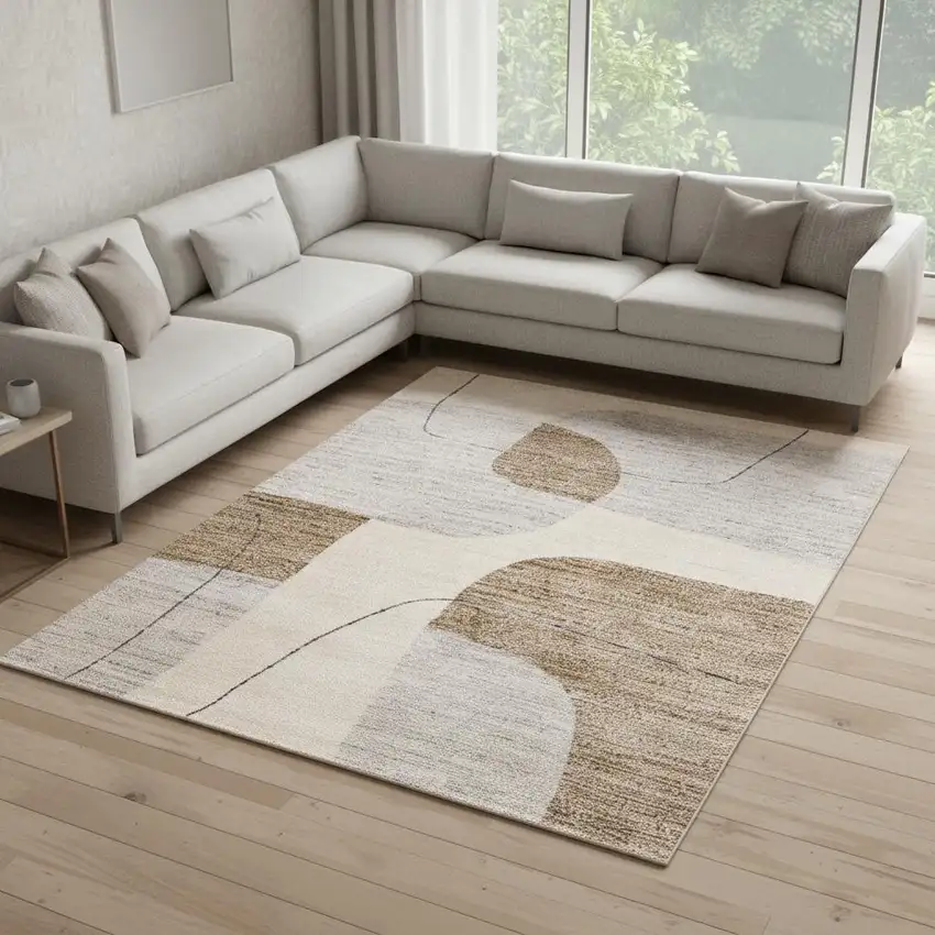 Cream Brown And Beige Geometric Area Rug Photo 1