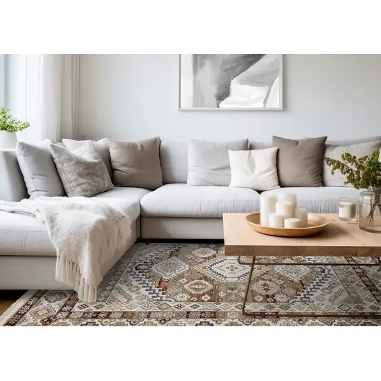 Cream Brown And Tan Oriental Area Rug Photo 7