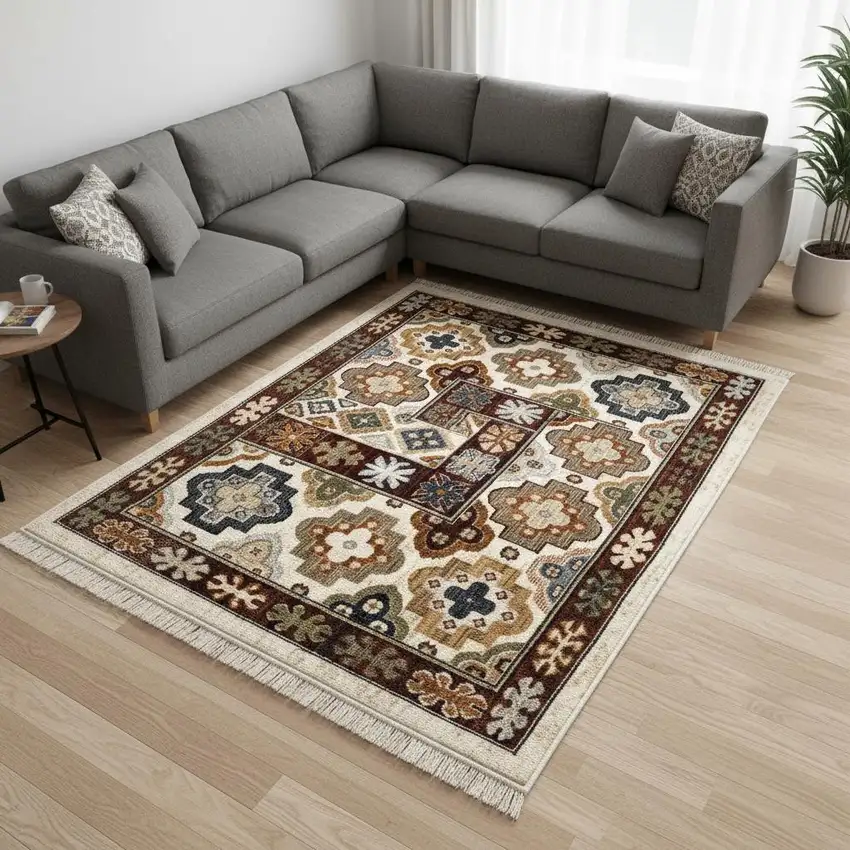 Cream Brown And Tan Oriental Area Rug Photo 1