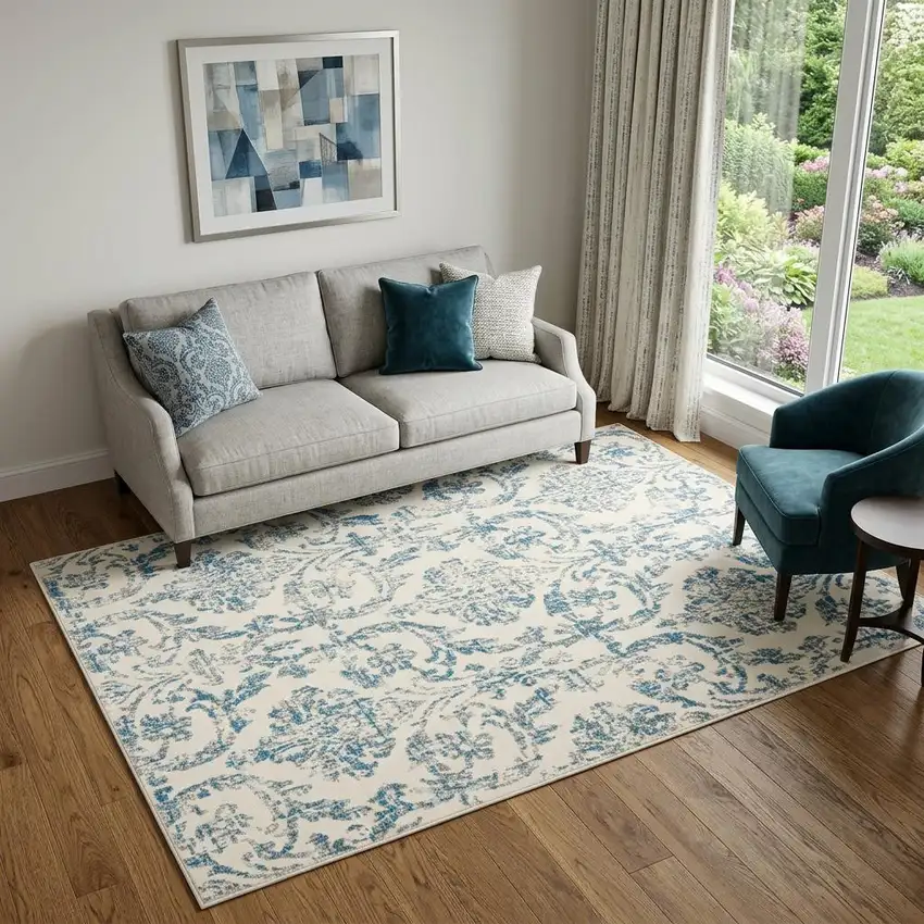 Cream Damask Power Loom Area Rug Photo 1