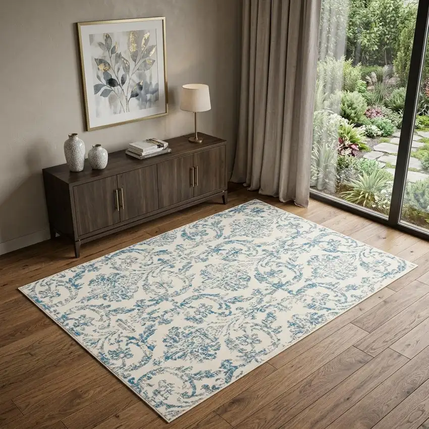 Cream Damask Power Loom Area Rug Photo 1