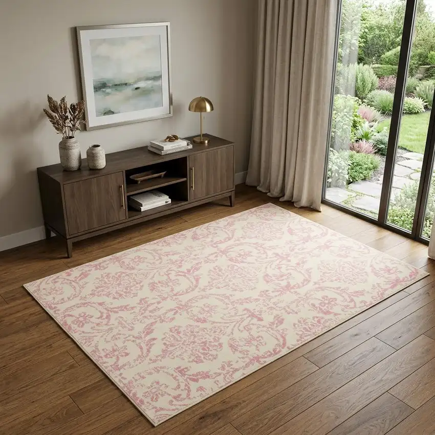 Cream Damask Power Loom Area Rug Photo 1