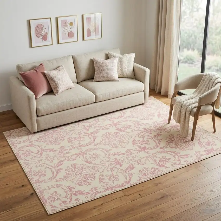 Cream Damask Power Loom Area Rug Photo 1