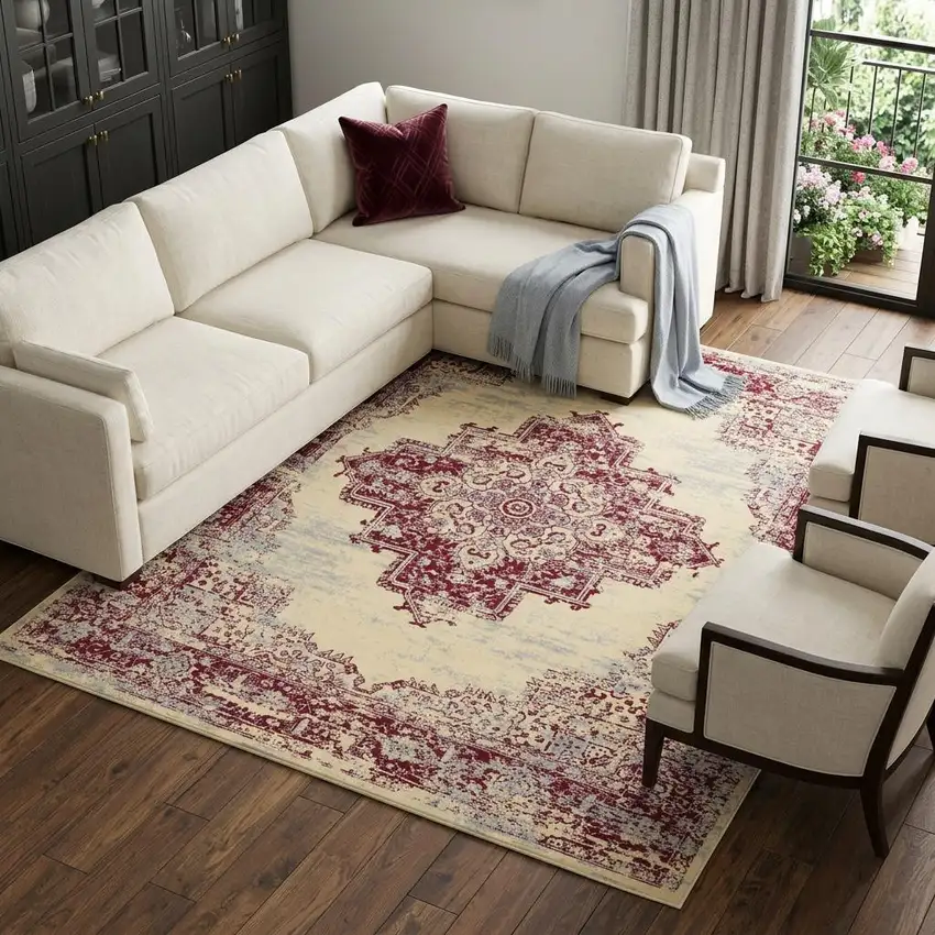 Cream Damask Power Loom Area Rug Photo 1