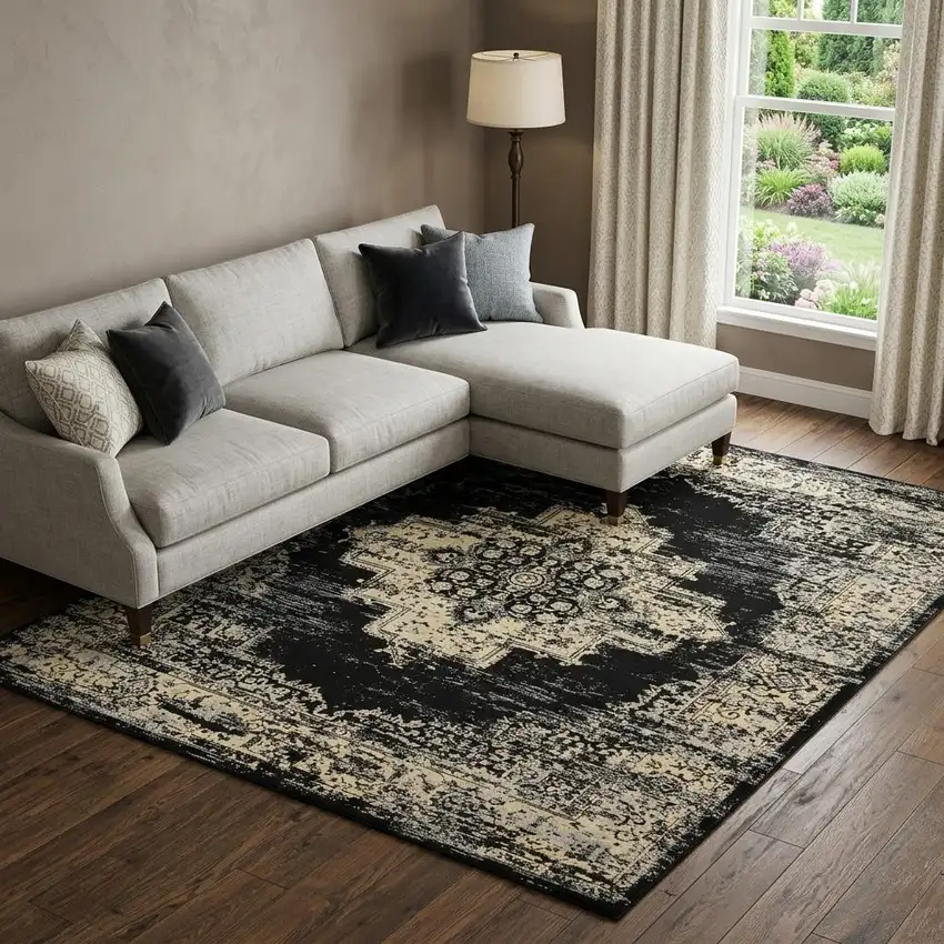 Cream Damask Power Loom Area Rug Photo 1