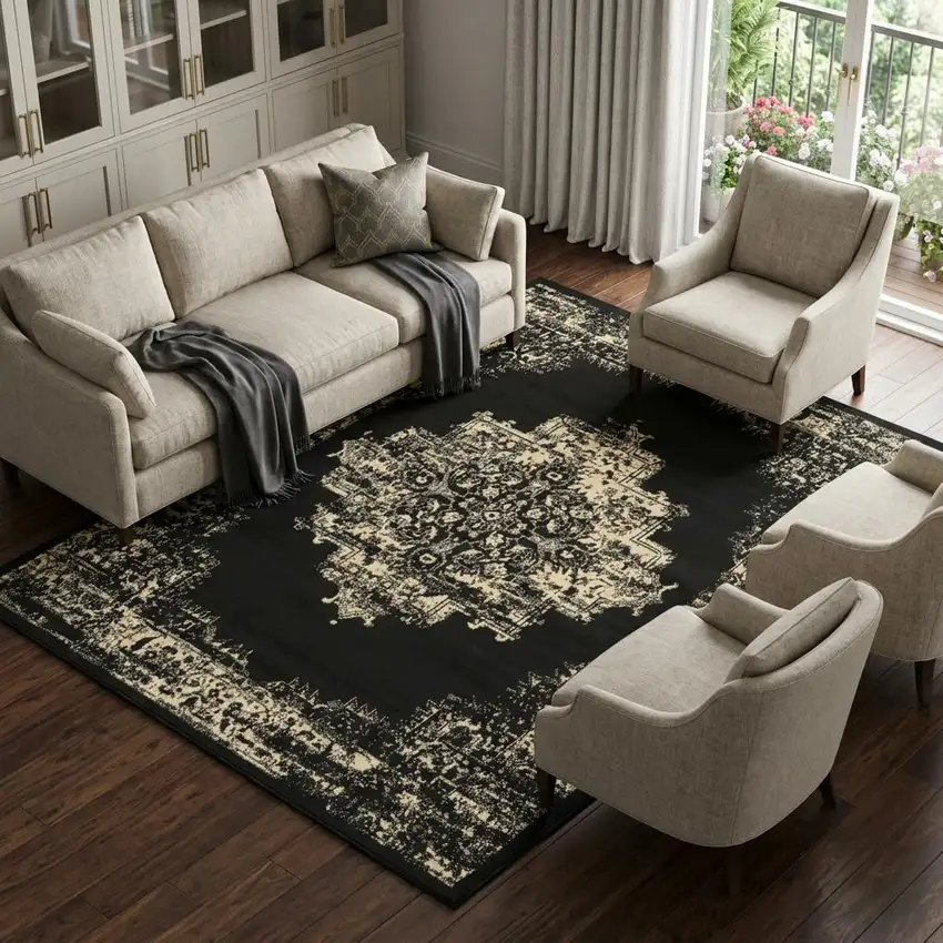 Cream Damask Power Loom Area Rug Photo 1