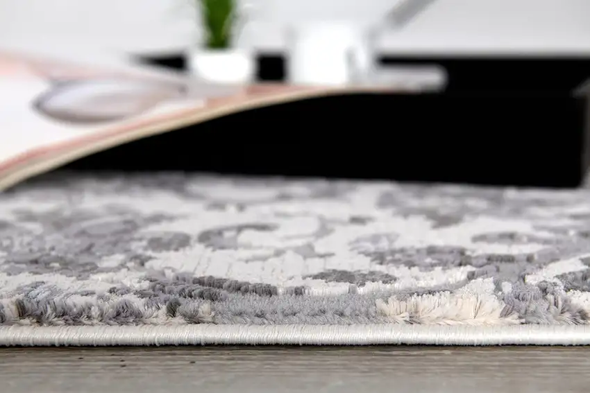 Cream Damask Power Loom Stain Resistant Area Rug Photo 3