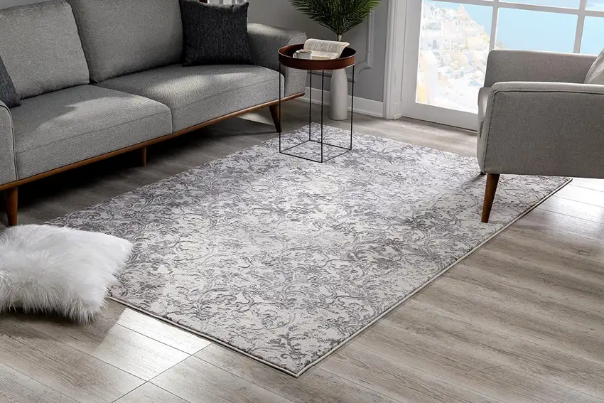 Cream Damask Power Loom Stain Resistant Area Rug Photo 7