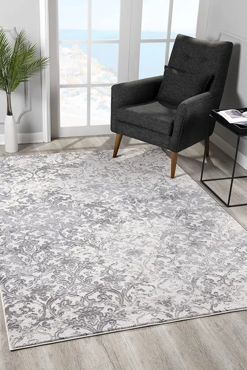 Cream Damask Power Loom Stain Resistant Area Rug Photo 6